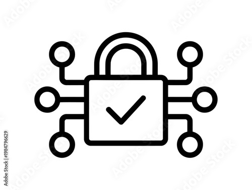 Vector graphic of a secure padlock with a checkmark and connected nodes