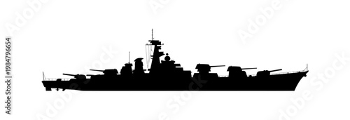 Vector silhouette of a warship sailing through calm waters on a sunny day.