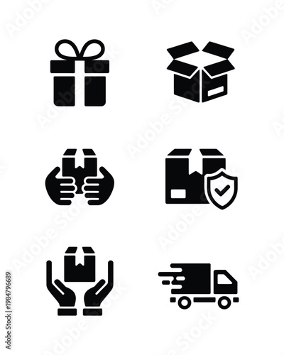 Set of black icons for shipping and delivery services package box gift hands truck with protection shield.