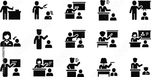 Collection of icons illustrating teachers presenting to students in various settings with teachers