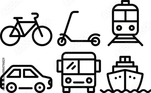 Collection of various modes of transportation illustrated in simple line art