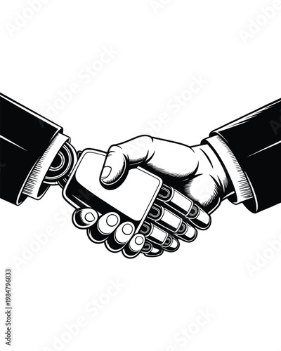 Illustration of robotic and human hands in classic woodcut style making professional handshake agreement on checkered background.