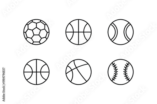 Line art illustration showcasing various sports balls with distinct patterns and designs