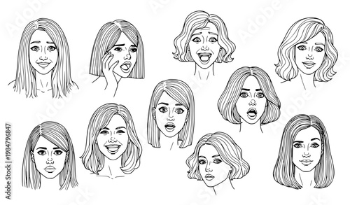 Women emotional faces hand drawn outline sketch collection with expressive female characters in different moods vector
