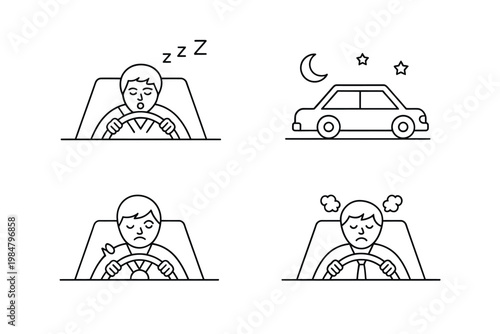 Illustrations depicting stages of driver fatigue drowsy asleep and experiencing mental fog