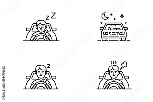 Illustrations depict drowsy driving a man struggling to stay awake behind the wheel
