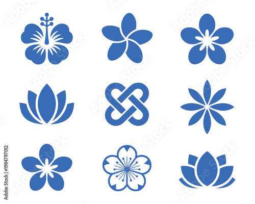 Set of various flower icons including hibiscus, plumeria, lotus, and other blossoms for decor or design.