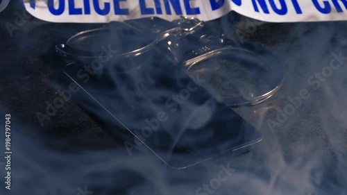 Mobile phone evidence and police handcuffs with smoke on desk