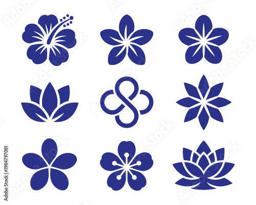 Set of various flower icons including hibiscus, plumeria, lotus, and other blossoms for decor or design.