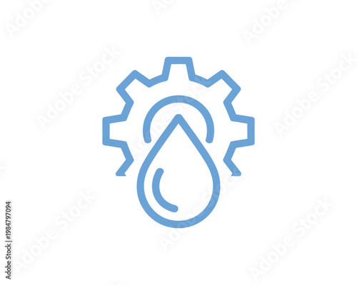 Gear with water droplet linear icon for maintenance or service for plumbing, washing machine repair, or lubrication.