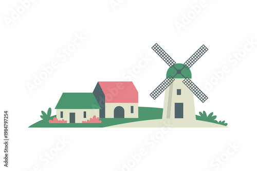 A charming illustration depicts a quaint village scene with a windmill and houses