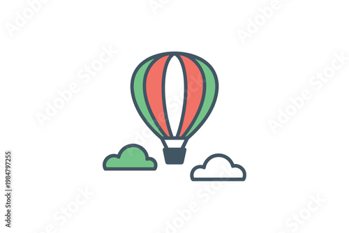 A colorful hot air balloon floats above simple stylized clouds in a whimsical design