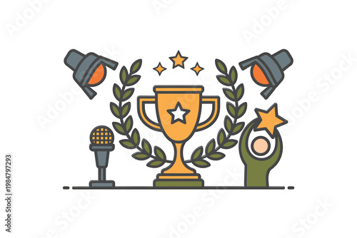 A colorful illustration depicts a trophy microphones stars and celebratory elements