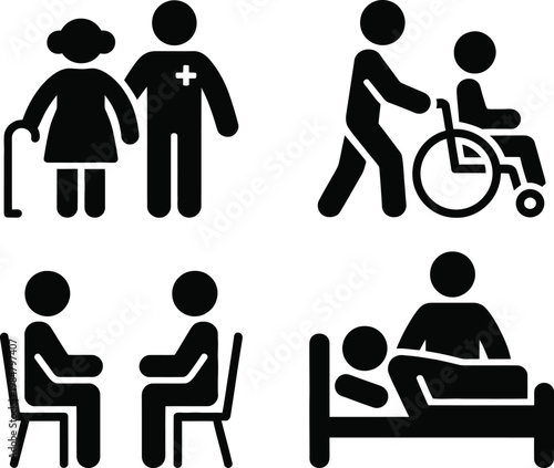 Icons depicting various elderly care and mobility assistance scenarios