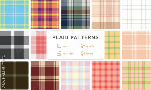 Decorative plaid bundle built for party and gift projects. Suitable for tags, banners, and DIY gifts. Seamless tartan repeats avoid breaks.