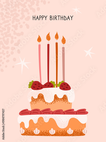 A delicate sponge cake with pink cream and candles. A dessert perfect for birthdays, anniversaries, and weddings. Greeting card. Vector illustration.