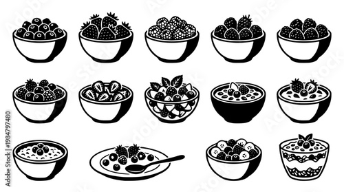 Vector graphic illustration of various berry bowls and plates