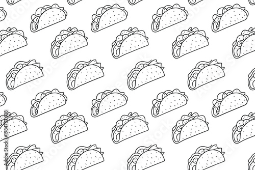 A seamless pattern of simple black and white line drawings depicting delicious tacos