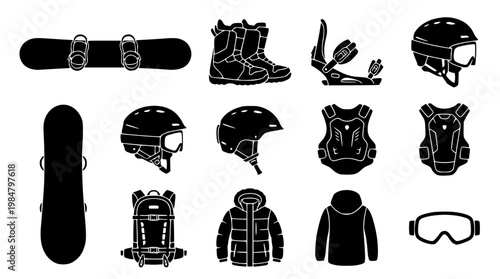 Snowboarding gear and equipment vector graphic illustration set