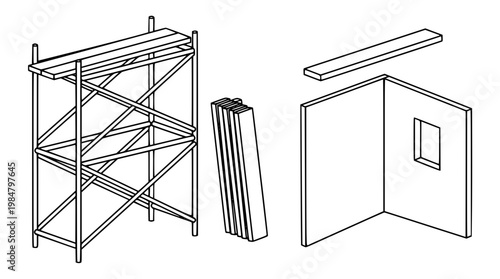 Scaffolding and wall construction components in a vector graphic