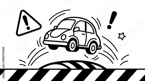 Car drives over a road barrier with warning signs