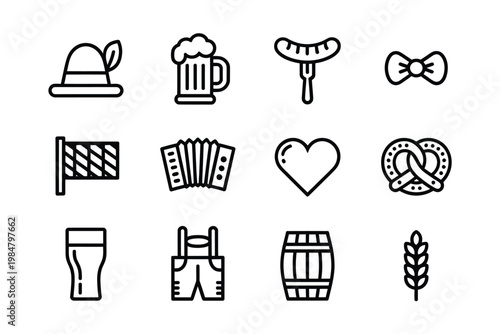 A collection of line art icons representing bavarian culture oktoberfest and traditional germany