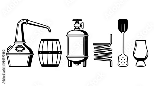 Vector graphic illustration of whiskey still and brewing equipment