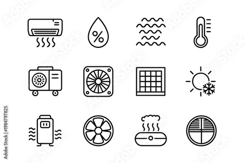 Collection of minimalist line icons representing various climate control and weather elements