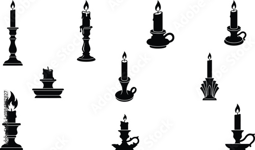 Vintage burning candle silhouettes set, 10 black candlestick vector icons, antique candle holders with flames for spooky halloween and gothic decor