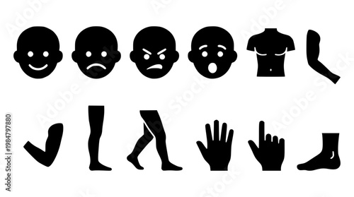 Various human body parts and facial expressions in vector graphic