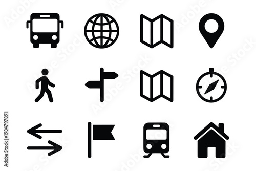 A collection of black outline icons representing travel navigation and location services
