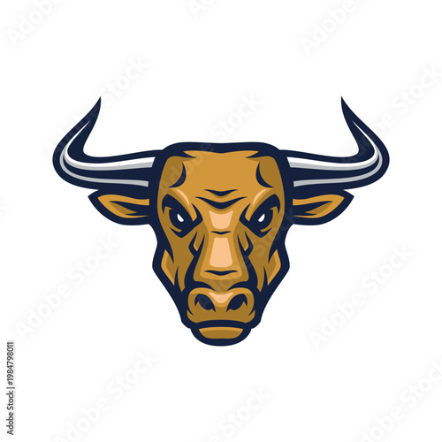 Strong brown bull head mascot logo on white background flat.