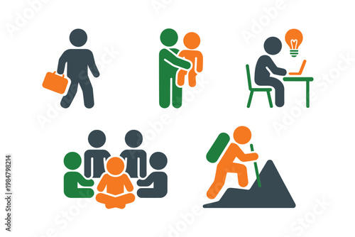 Diverse group of stylized figures representing work family and outdoor activities