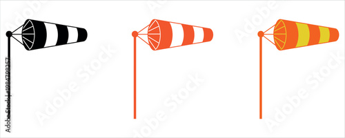 Brightly colored wind socks mounted on poles, showing wind direction and speed. Ideal for aviation, weather forecasting, travel, and outdoor safety visuals in marketing and educational materials.