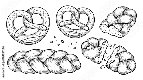 Vector illustration of pretzels and braided bread designs