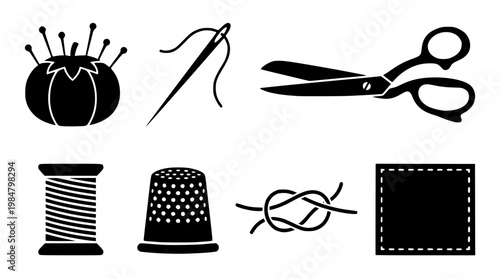 Black and white illustration of sewing tools and supplies