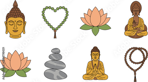 Buddha meditation yoga vector set with lotus beads and zen stones spiritual icons isolated on white background