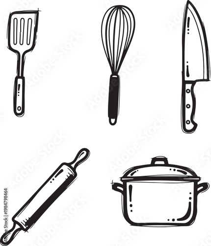 Hand-drawn kitchen utensils doodle set with whisk, spatula, knife, rolling pin, and cooking pot.