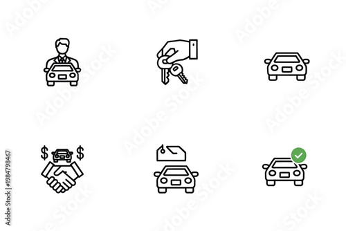 Line art icons depict car purchasing ownership and related financial transactions