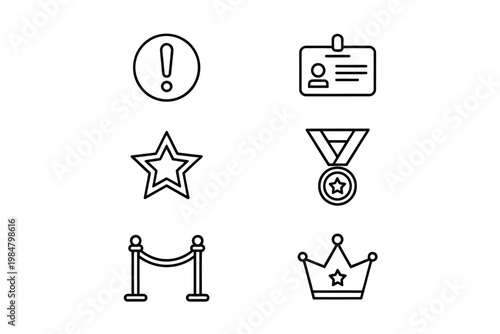 A collection of simple black and white line icons representing achievement and recognition