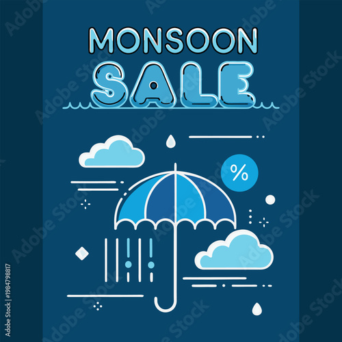 A blue poster with an umbrella and clouds advertising a monsoon sale