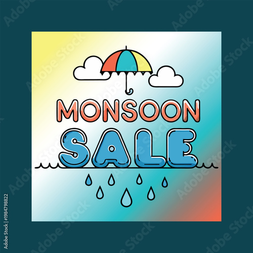 Monsoon sale advertisement with colorful umbrella and raindrops