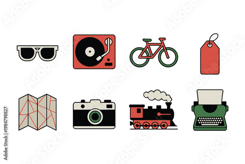 A collection of colorful flat design icons representing travel music and vintage objects