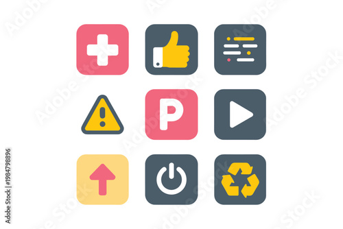 Colorful set of nine rounded square icons representing various digital functions