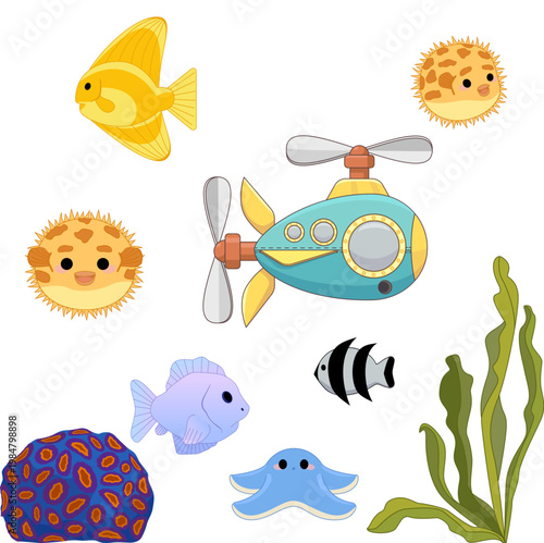 Vector images of the underwater world of the ocean, aquarium, tropical fish, algae, corals, research bathyscaphe, submarine, starfish, moon fish, fish ball