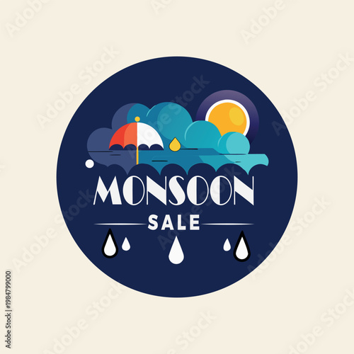 Monsoon sale advertisement with umbrella and rain drops