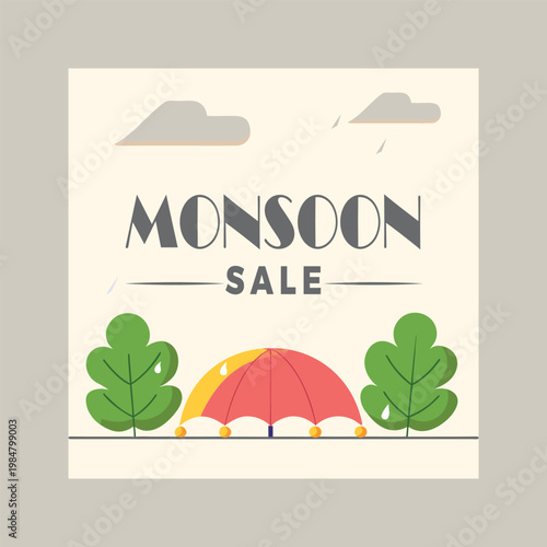 Monsoon sale advertisement with umbrella and trees