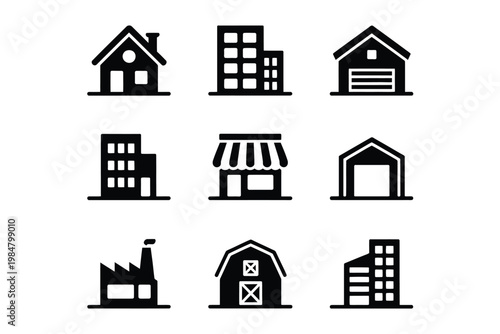 A collection of simple black building icons representing various architectural styles