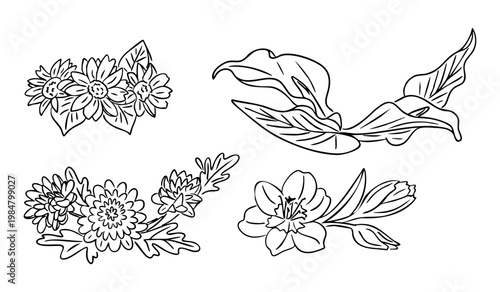 Floral illustration featuring four distinct flower designs with leaves, showcasing a variety of shapes and styles suitable for decorative purposes in art and design projects