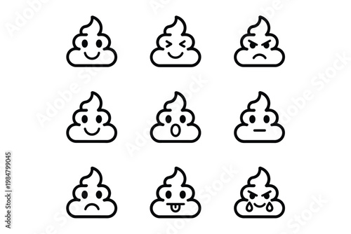 A collection of nine black and white cartoon images depicting piles of poop with varying expressions